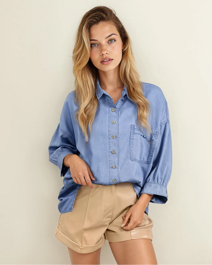 Indie & Co. Blake Washed Drop Shoulder Bracelet Sleeve Chambray Shirt in Myosotis - Black Washed Shirt (top)