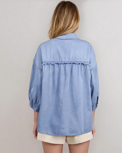 Indie & Co. Blake Washed Drop Shoulder Bracelet Sleeve Chambray Shirt in Myosotis view 3 - Black Washed Shirt (top)