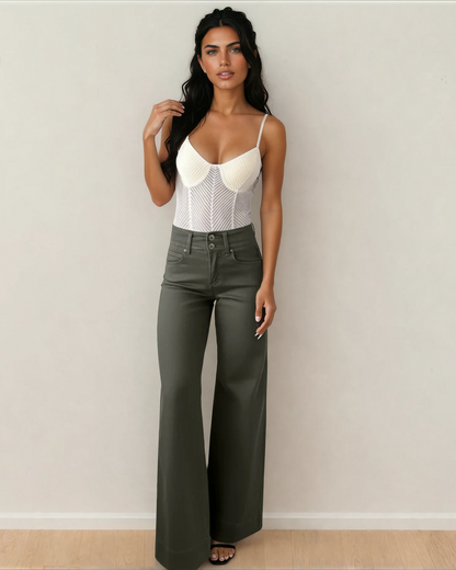 Indie & Co. Brooke 2-button High Waist Flared Bottom Jeans - Olive in 4 - High-Waisted - Olive Jeans