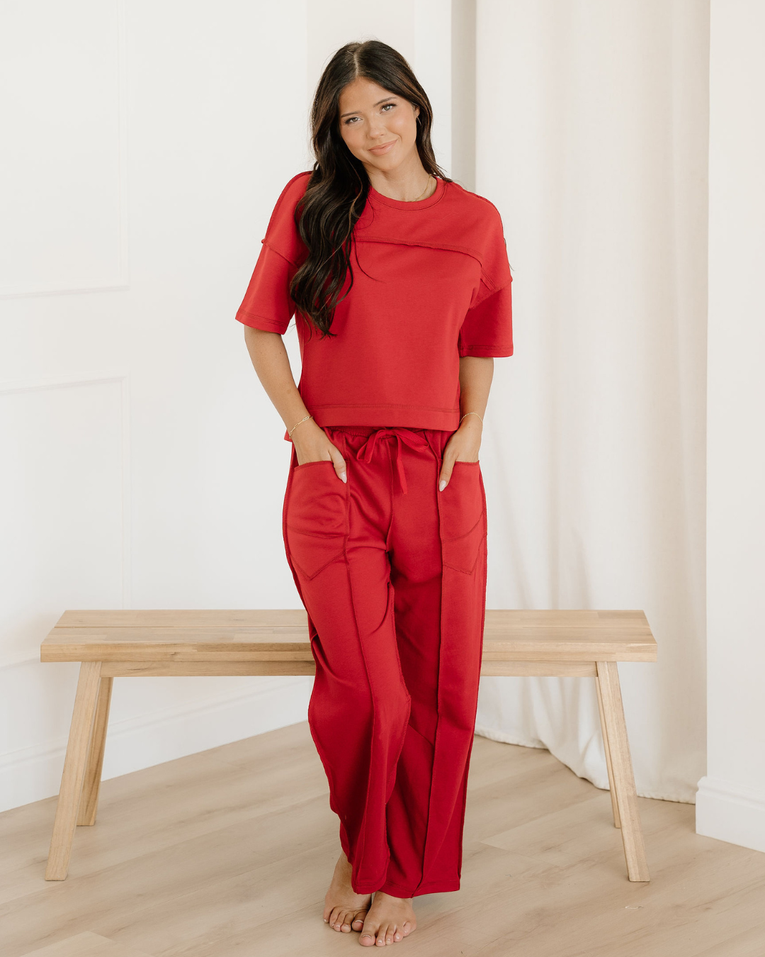 Indie & Co. Drop Shoulder Boxy Tee and Barrel Pants Set - Racing Red in Racing Red - Drop Shoulder Red T Shirt (top)