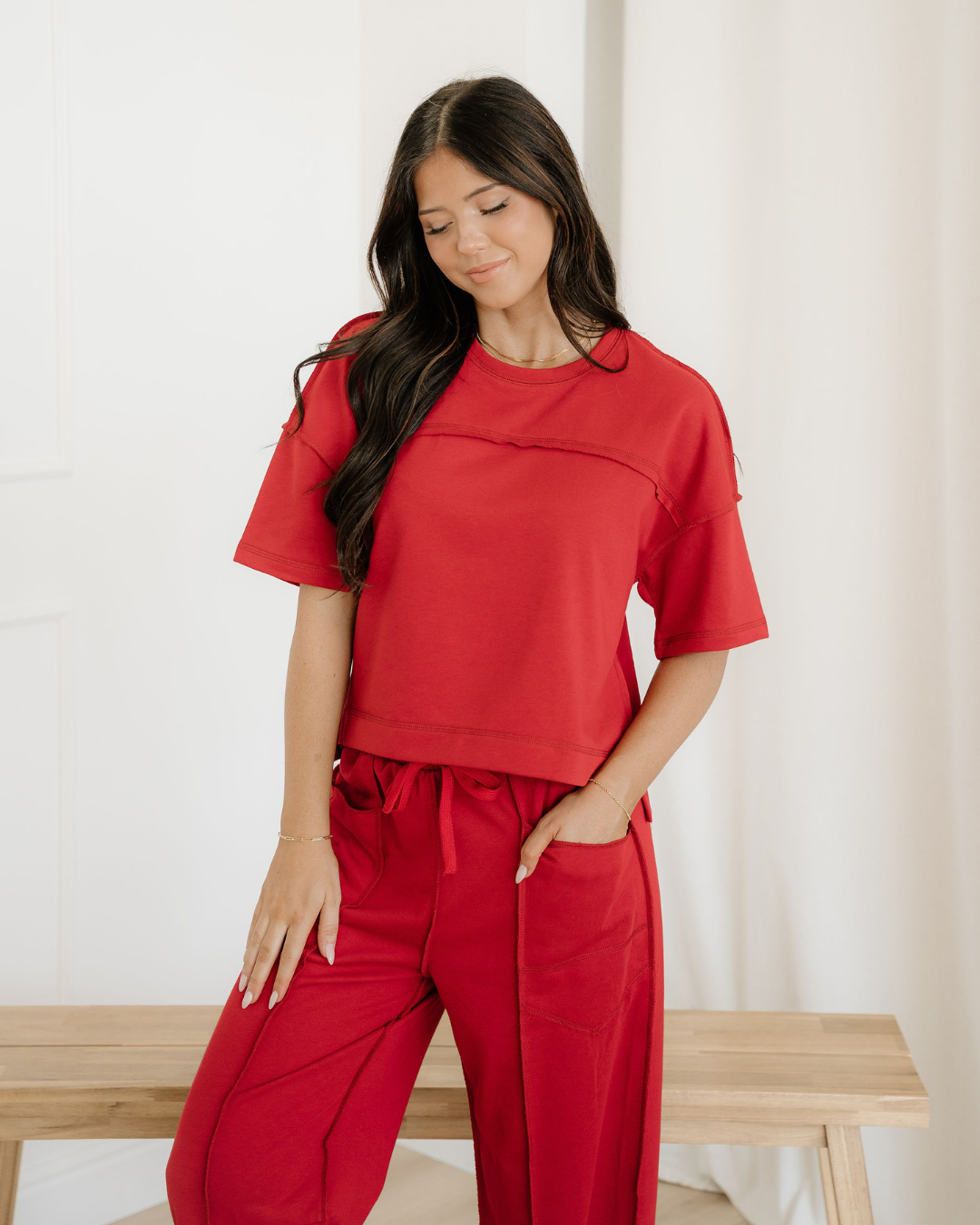 Indie & Co. Drop Shoulder Boxy Tee and Barrel Pants Set - Racing Red in Racing Red view 3 - Drop Shoulder Red T Shirt