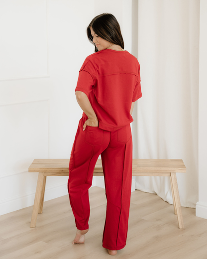 Indie & Co. Drop Shoulder Boxy Tee and Barrel Pants Set - Racing Red view 7 - Drop Shoulder Red T Shirt (top)