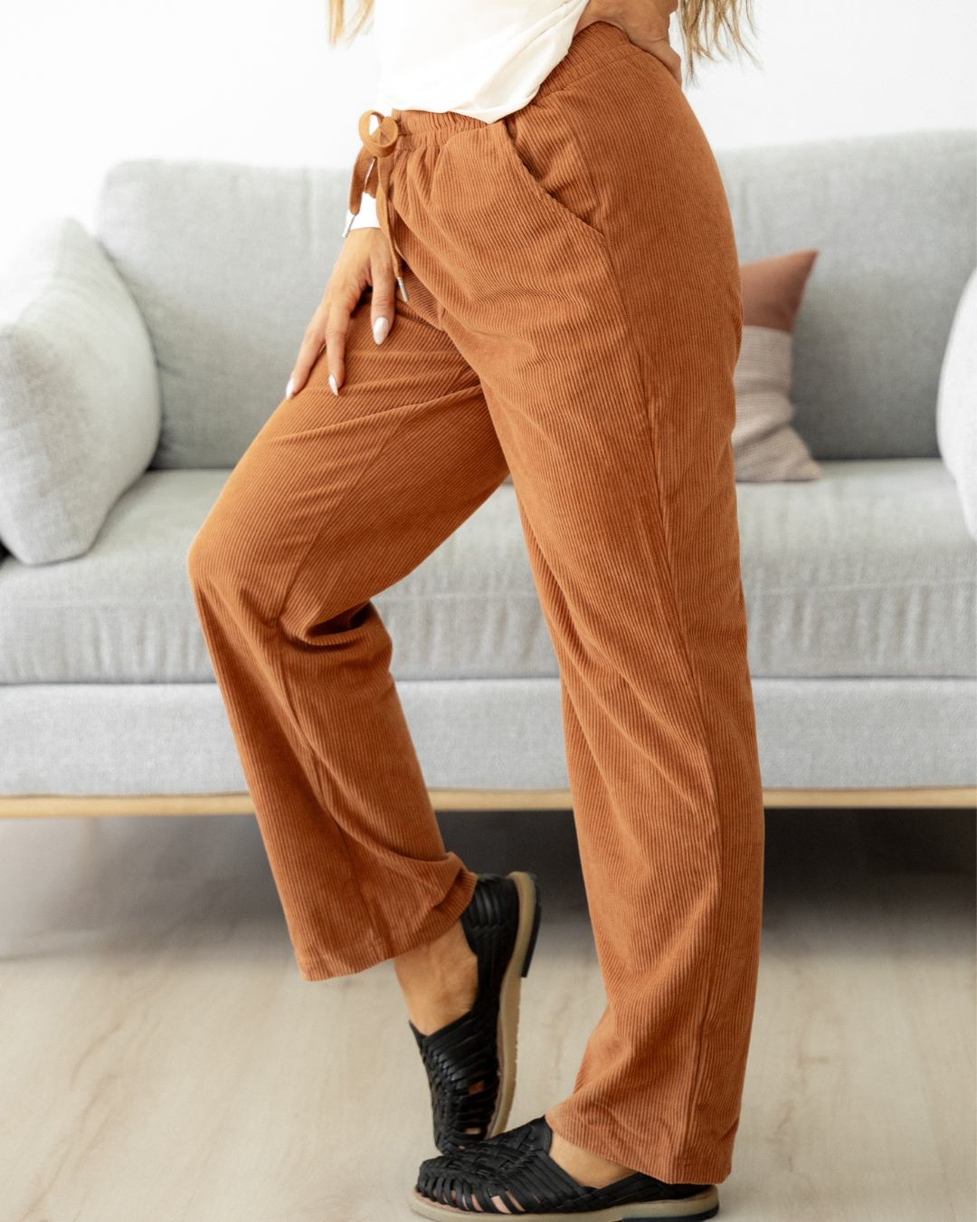 Indie & Co. Eloise Drawstring Elastic Waist Casual Corduroy Pants - Chestnut in Chestnut view 3 - Comfort Stretch