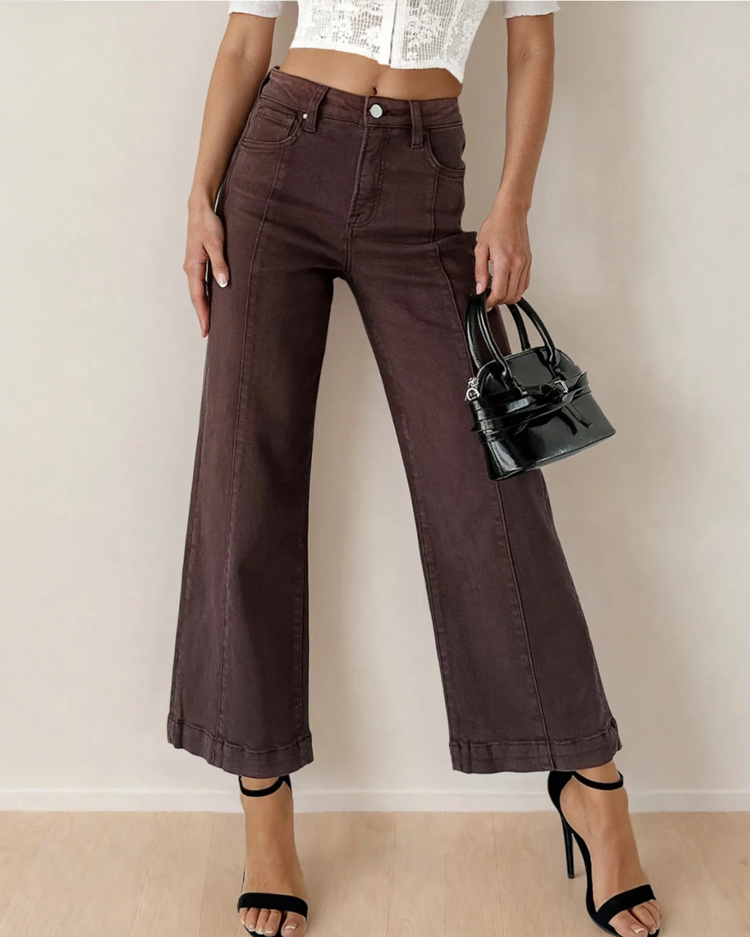 Indie & Co. Elsie Solid Color Seamed Center Wide Leg Cropped Jeans - Red Sandalwood in Red Sandalwood - Sandalwood Jeans