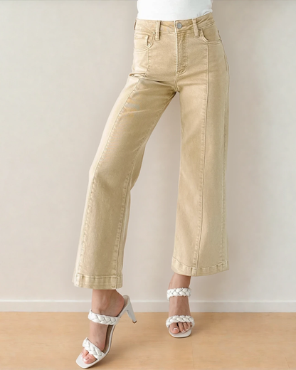 Indie & Co. Elsie Solid Color Seamed Center Wide Leg Cropped Jeans - Apricot in Apricot view 3 - Apricot Jeans (bottom)
