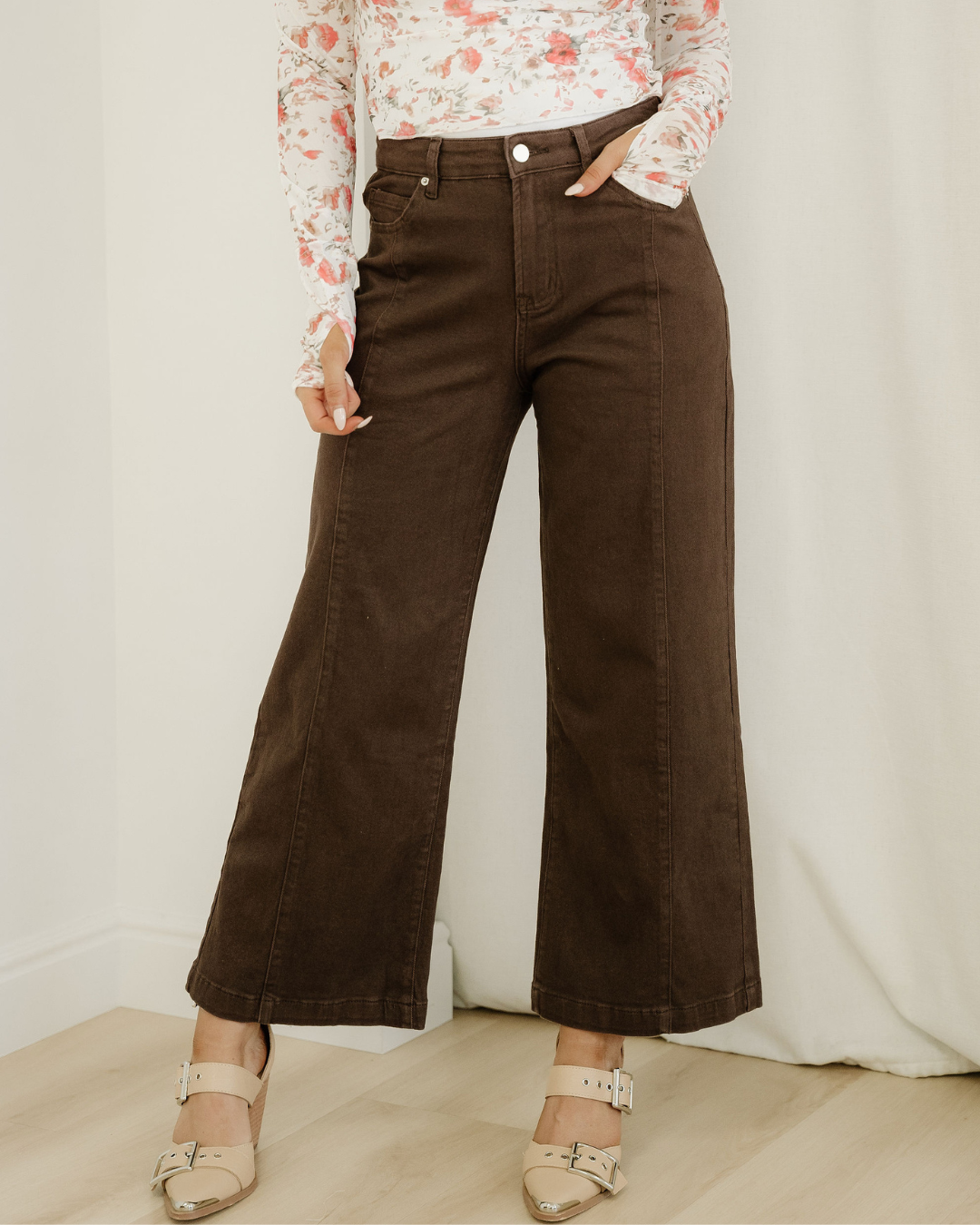 Indie & Co. Elsie Solid Color Seamed Center Wide Leg Cropped Jeans - Red Sandalwood in Red Sandalwood view 4 (bottom)