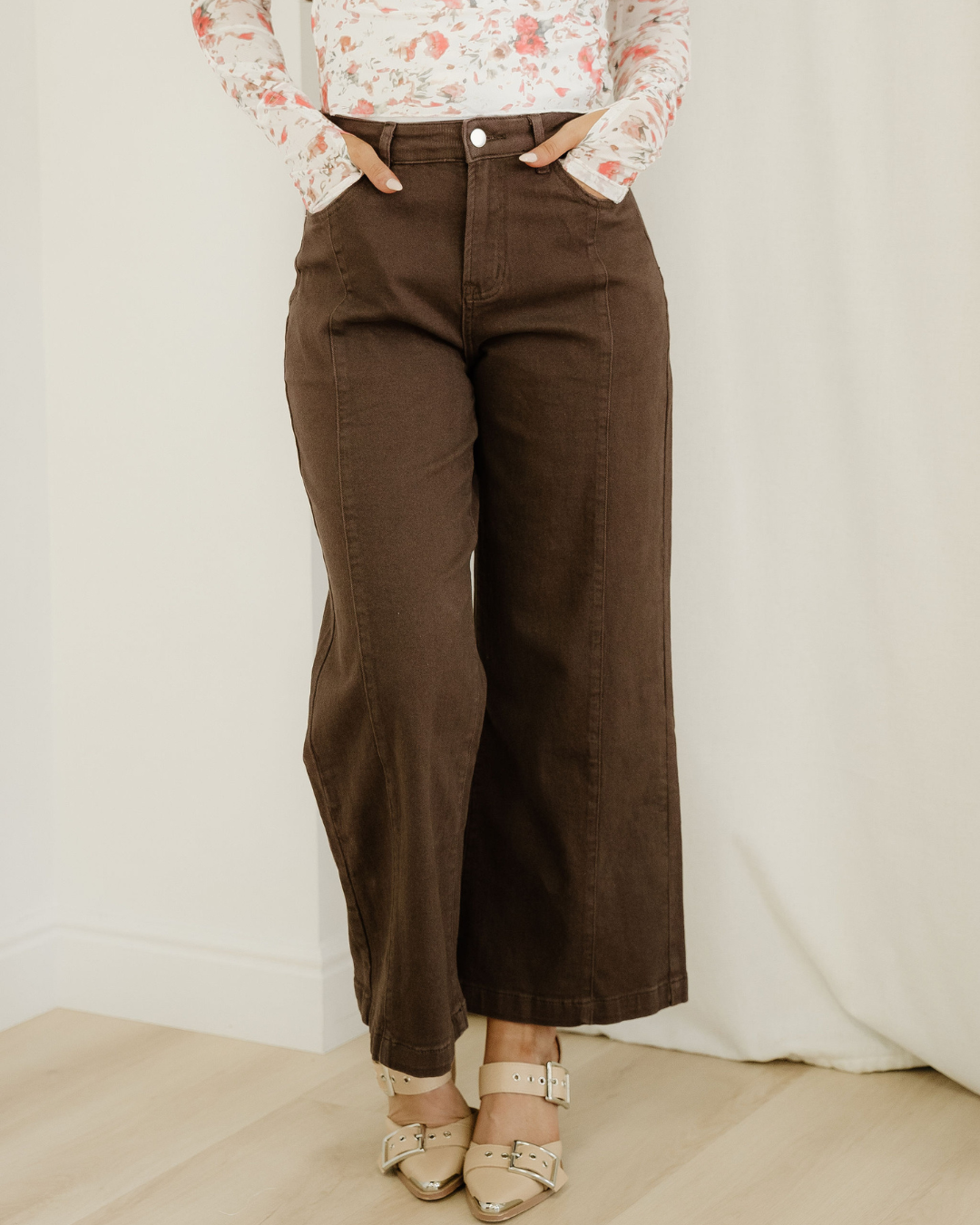 Indie & Co. Elsie Solid Color Seamed Center Wide Leg Cropped Jeans - Red Sandalwood in Red Sandalwood view 5 (bottom)