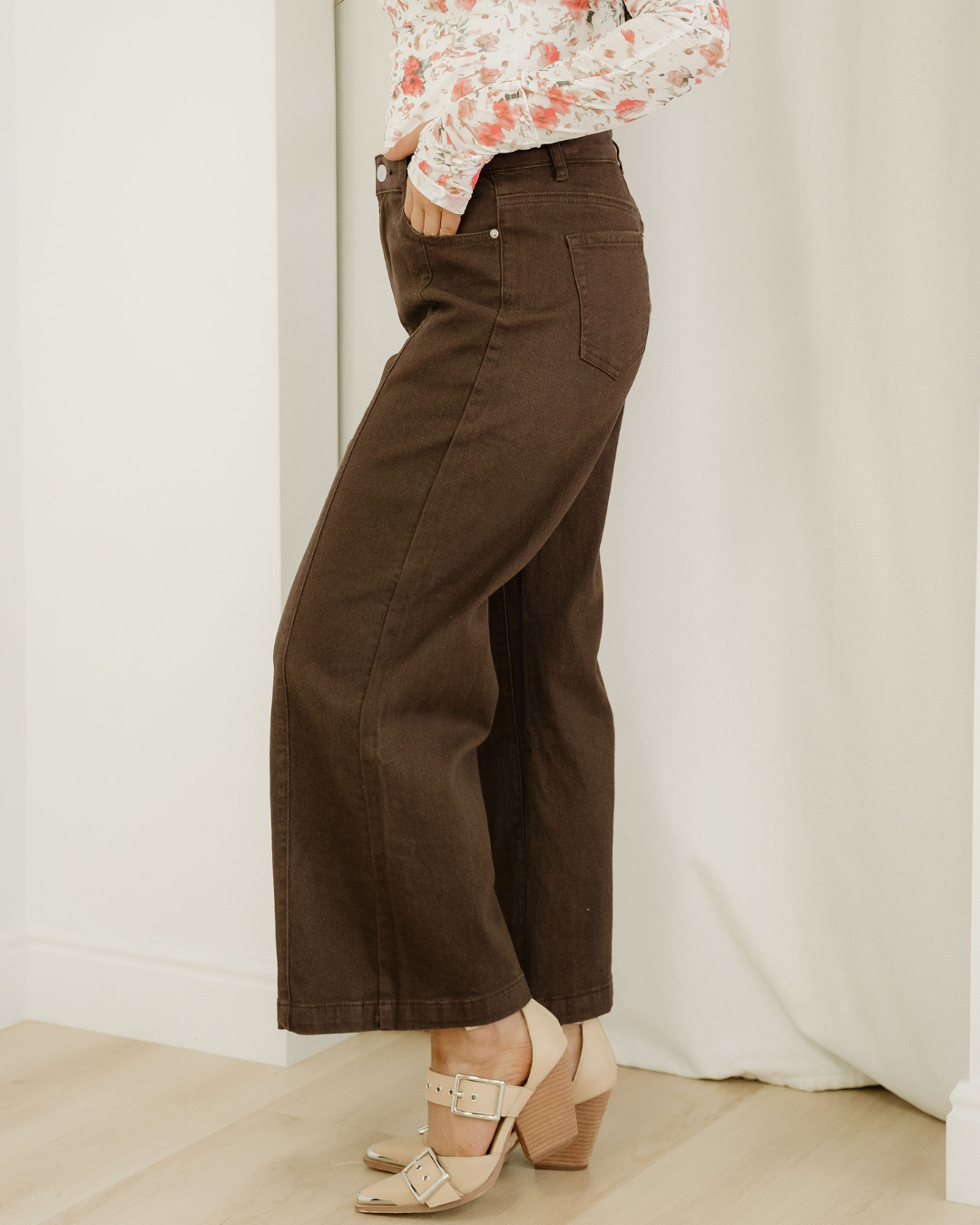Indie & Co. Elsie Solid Color Seamed Center Wide Leg Cropped Jeans - Red Sandalwood in Red Sandalwood view 6 (bottom)