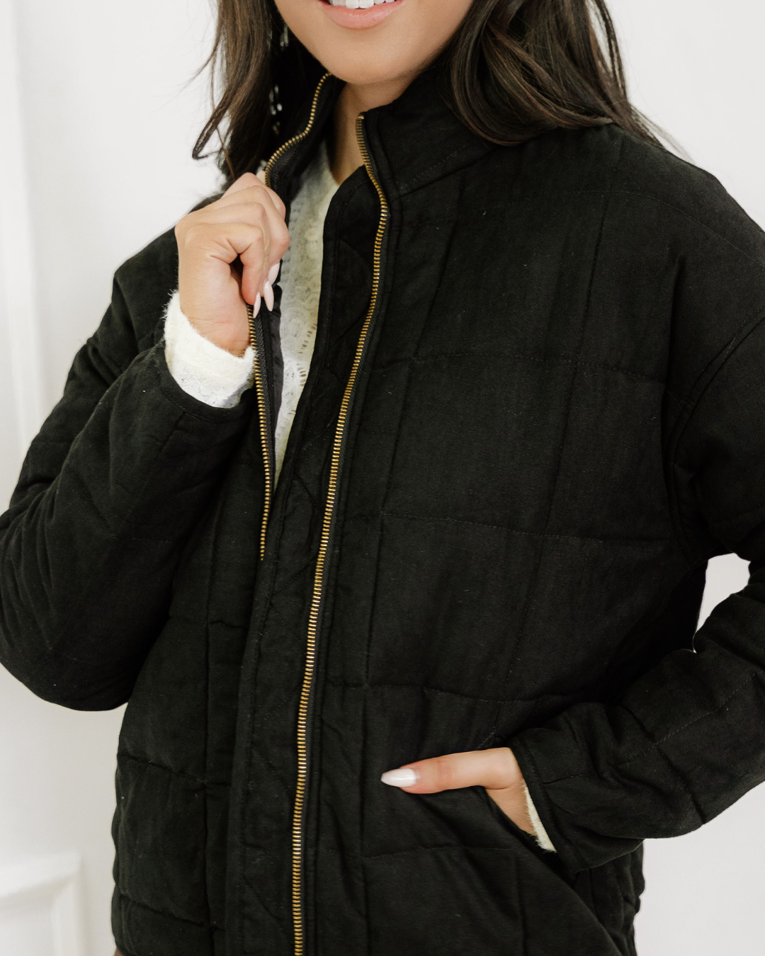 Indie & Co. Georgie Zip-up Pocket Quilted Jacket - Black view 6 - Georgia Bulldogs Full Zip Jacket (layer)