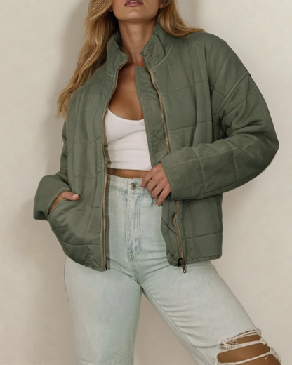 Indie & Co. Georgie Zip-up Pocket Quilted Jacket - Green in Green view 3 - Georgia Bulldogs Full Zip Jacket (layer)