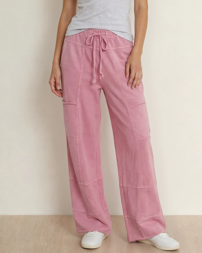 Indie & Co. Hannah Mineral Wash Exposed Seam Wide Leg Cargo Pants - Bonbon in Bonbon - Pants Bonbon (bottom)