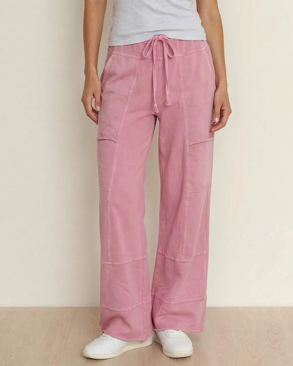Indie & Co. Hannah Mineral Wash Exposed Seam Wide Leg Cargo Pants - Bonbon in Bonbon view 2 - Pants Bonbon (bottom)
