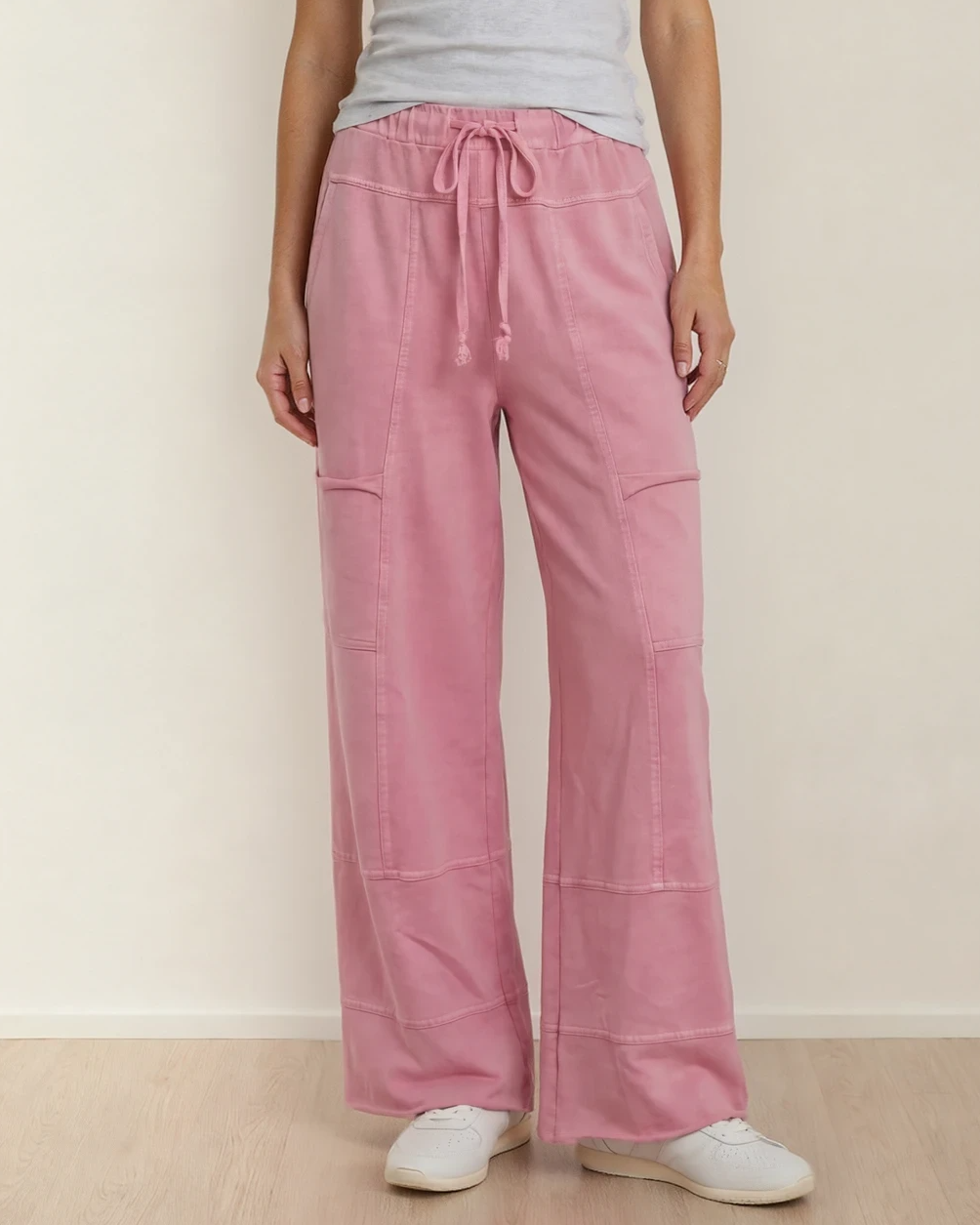 Indie & Co. Hannah Mineral Wash Exposed Seam Wide Leg Cargo Pants - Bonbon in Bonbon view 3 - Pants Bonbon (bottom)