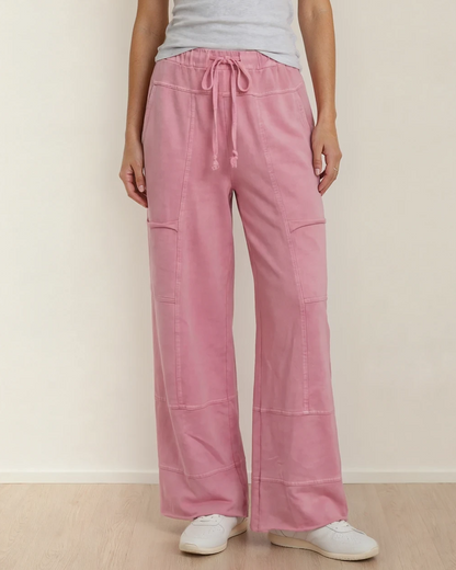 Indie & Co. Hannah Mineral Wash Exposed Seam Wide Leg Cargo Pants - Bonbon in Bonbon view 3 - Pants Bonbon (bottom)