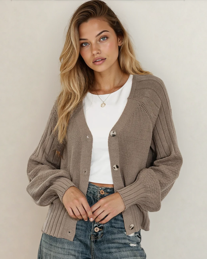 Indie & Co. Jane Mixed Texture Knit Button V Neck Sweater Cardigan - Brown in Goat view 2 - Fall Wardrobe Essential