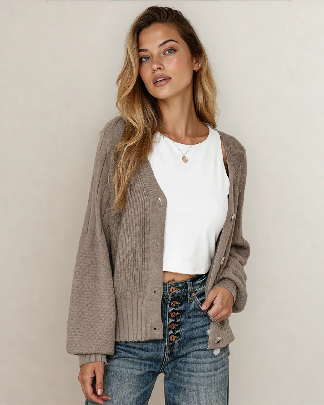 Indie & Co. Jane Mixed Texture Knit Button V Neck Sweater Cardigan - Brown in Goat view 4 - Fall Wardrobe Essential