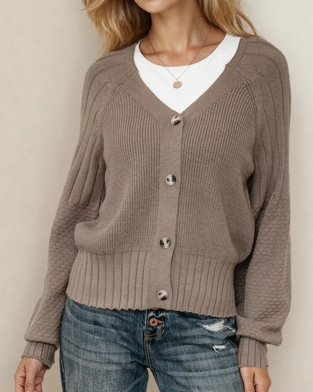 Indie & Co. Jane Mixed Texture Knit Button V Neck Sweater Cardigan - Brown view 6 - Fall Wardrobe Essential (top)