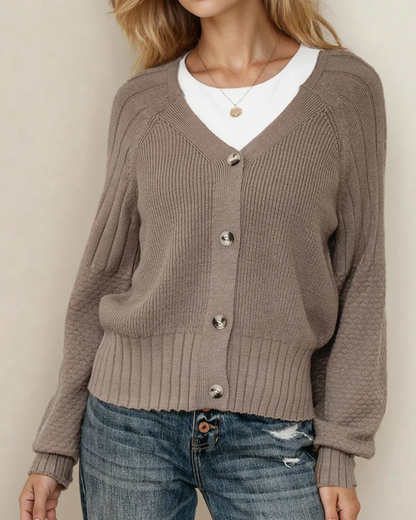 Indie & Co. Jane Mixed Texture Knit Button V Neck Sweater Cardigan - Brown view 6 - Fall Wardrobe Essential (top)