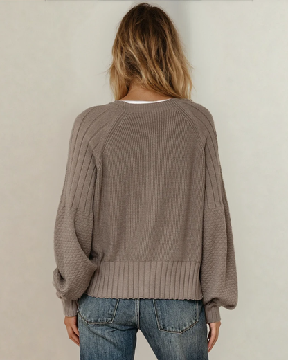 Indie & Co. Jane Mixed Texture Knit Button V Neck Sweater Cardigan - Brown view 7 - Fall Wardrobe Essential (top)