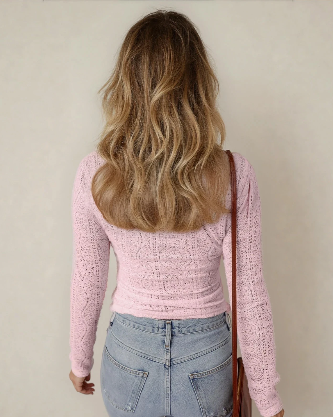 Indie & Co. Juliette Semi Sheer Lace Long Sleeve Cropped Top - Light Pink in Light Pink view 4 - Pink Top