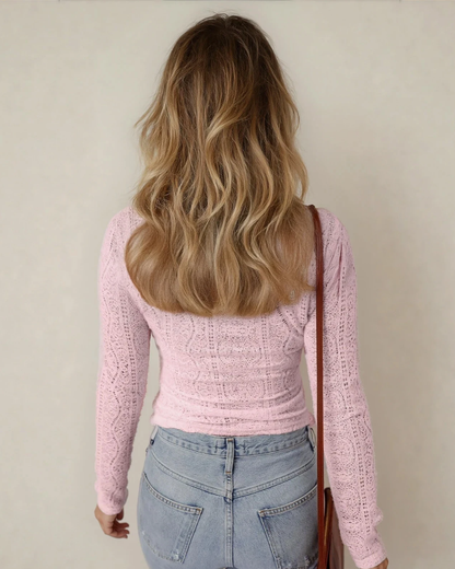 Indie & Co. Juliette Semi Sheer Lace Long Sleeve Cropped Top - Light Pink in Light Pink view 4 - Pink Top