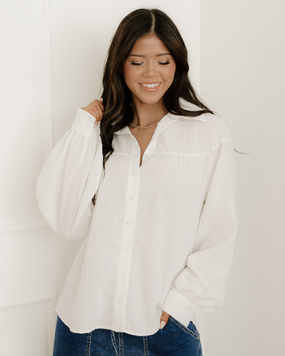 Indie & Co. Mabel Crinkled Texture Lantern Sleeve Button Down Loose Shirt in White view 3 - Relaxed Fit (top)