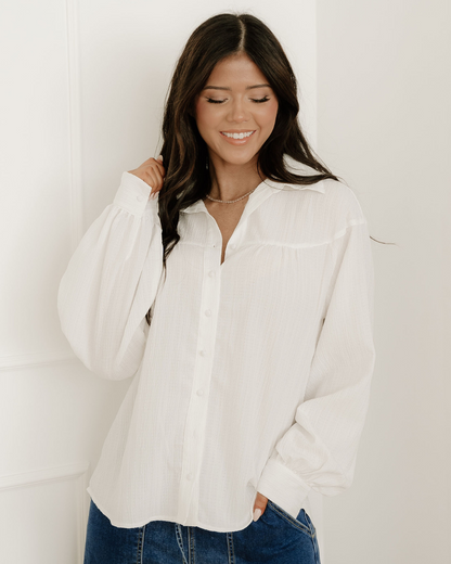 Indie & Co. Mabel Crinkled Texture Lantern Sleeve Button Down Loose Shirt in White view 3 - Relaxed Fit (top)