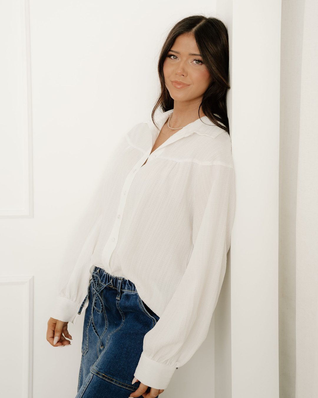 Indie & Co. Mabel Crinkled Texture Lantern Sleeve Button Down Loose Shirt view 5 - Relaxed Fit (top)