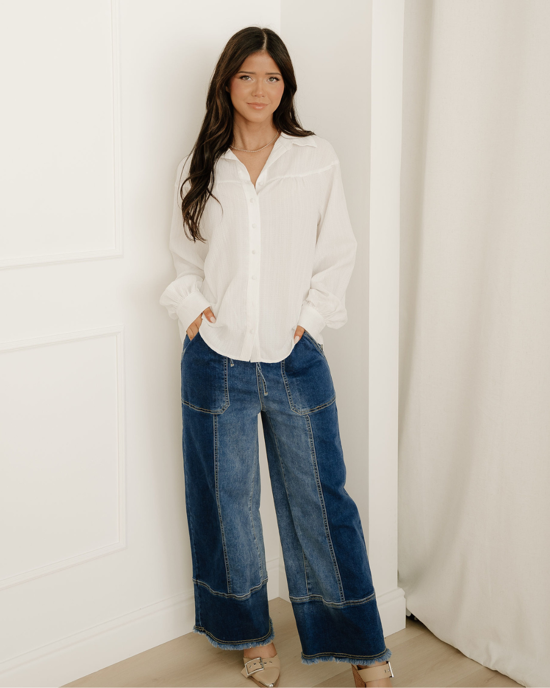 Indie & Co. Mabel Crinkled Texture Lantern Sleeve Button Down Loose Shirt view 8 - Relaxed Fit (top)