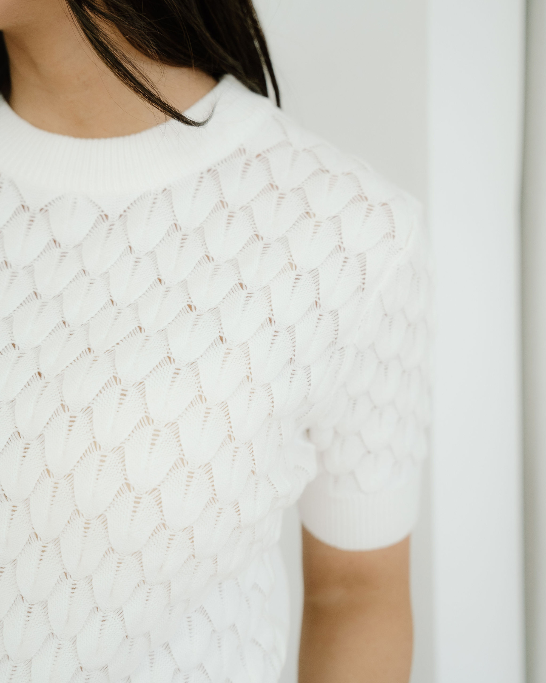 Indie & Co. Magnolia Textured Knit Ribbed High Neck Short Sleeve Sweater - White view 6 - Fall Wardrobe Essential