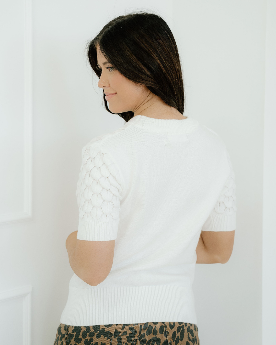 Indie & Co. Magnolia Textured Knit Ribbed High Neck Short Sleeve Sweater - White view 7 - Fall Wardrobe Essential