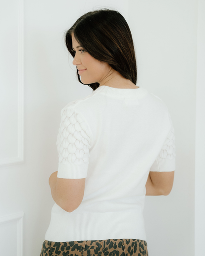 Indie & Co. Magnolia Textured Knit Ribbed High Neck Short Sleeve Sweater - White view 7 - Fall Wardrobe Essential