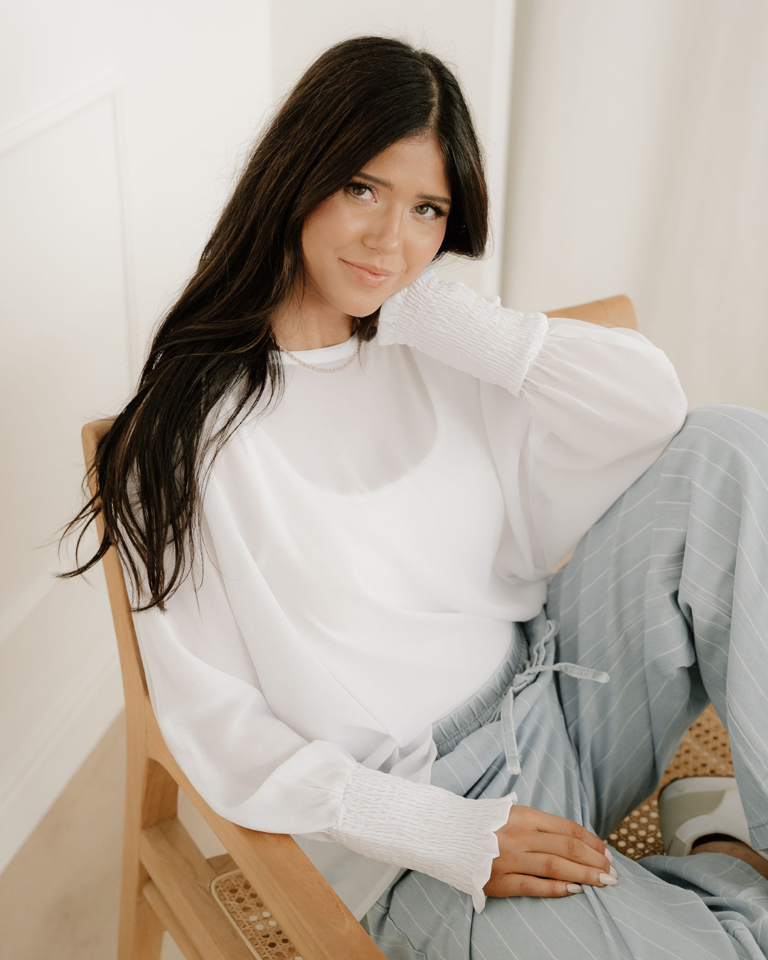 Indie & Co. Marley Smocked Cuffs Semi Sheer Long Sleeve Dolman Blouse in White - Marley Pleated Smocked Mini Dress