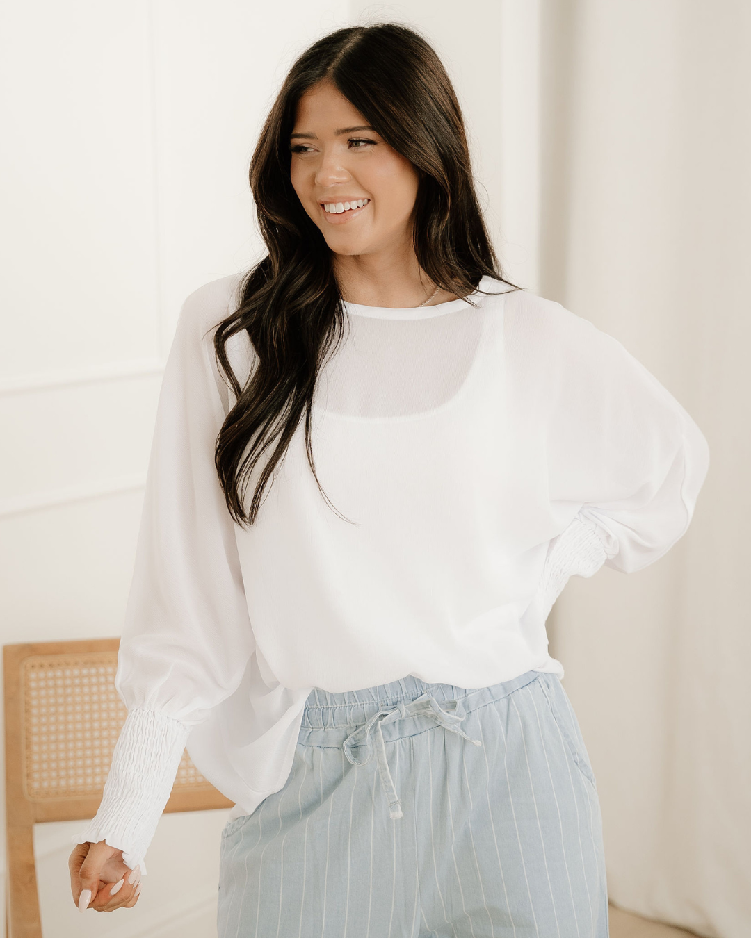 Indie & Co. Marley Smocked Cuffs Semi Sheer Long Sleeve Dolman Blouse in White view 3 - Marley Pleated Smocked Mini Dress