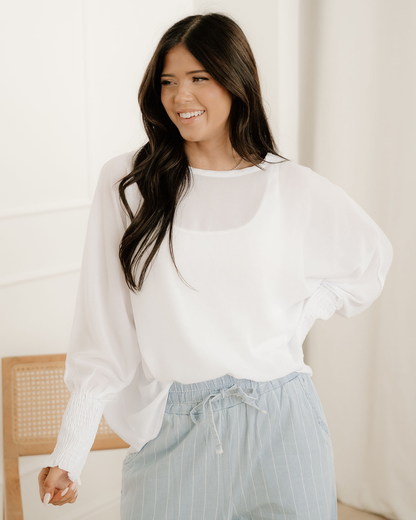 Indie & Co. Marley Smocked Cuffs Semi Sheer Long Sleeve Dolman Blouse in White view 3 - Marley Pleated Smocked Mini Dress