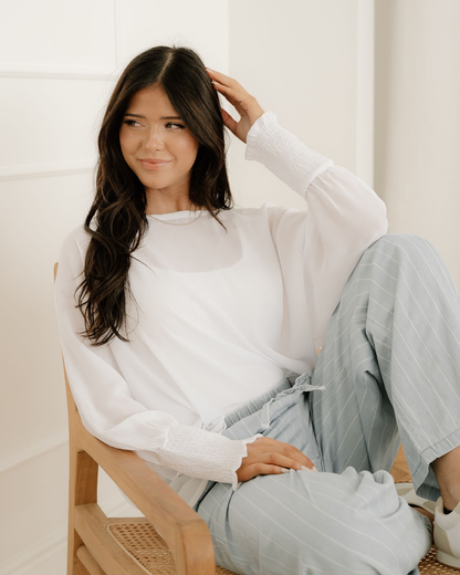 Indie & Co. Marley Smocked Cuffs Semi Sheer Long Sleeve Dolman Blouse in White view 4 - Marley Pleated Smocked Mini Dress
