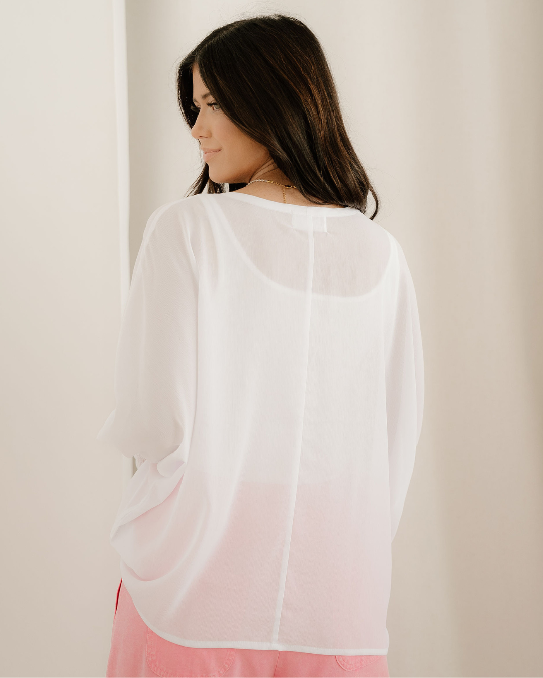 Indie & Co. Marley Smocked Cuffs Semi Sheer Long Sleeve Dolman Blouse view 7 - Marley Pleated Smocked Mini Dress
