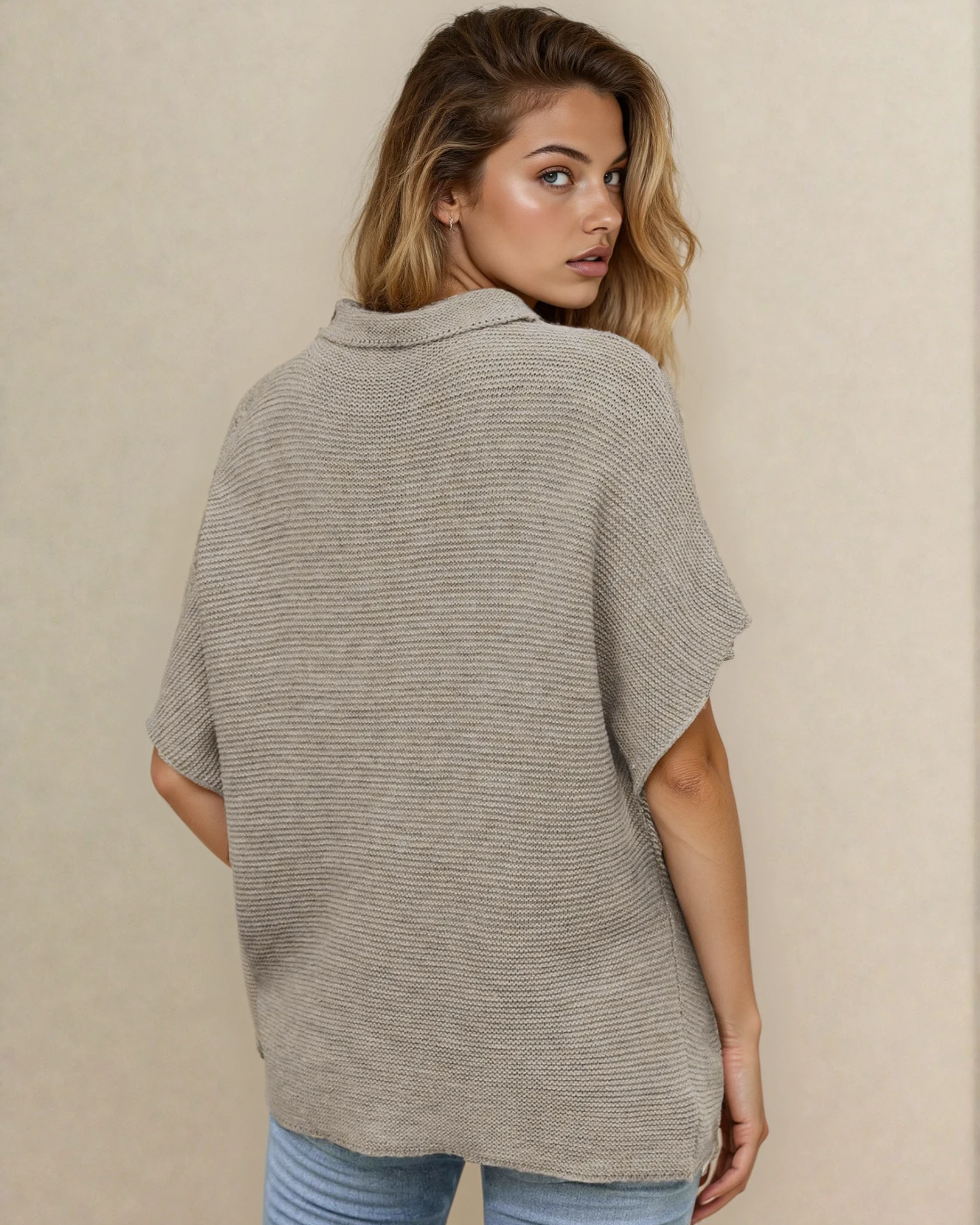 Indie & Co. Maya Mock Neck Short Sleeve Sweater - Stone in Apricot view 4 - Maya Sweater (top)