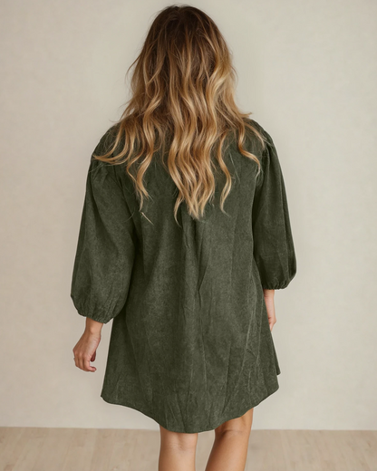 Indie & Co. Micah Scallop Detail Pleated Corduroy Mini Dress - Green in Moss Green view 3 - Green Dress