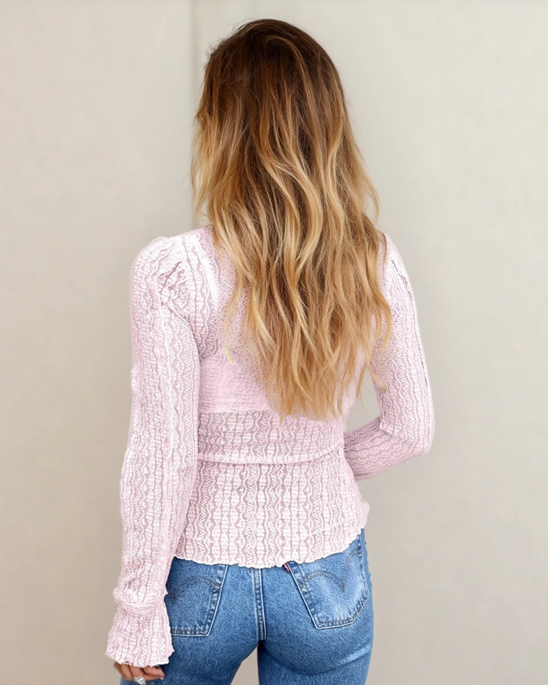 Indie & Co. Molly Long Sleeve Mock Neck Sheer Lace Top - Pink in Light Pink view 3 - Molly Long Best Choreography