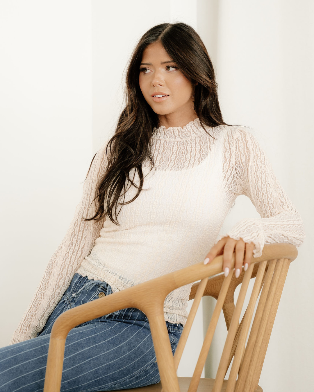 Indie & Co. Molly Long Sleeve Mock Neck Sheer Lace Top - Apricot in Apricot view 4 - Molly Long Best Choreography