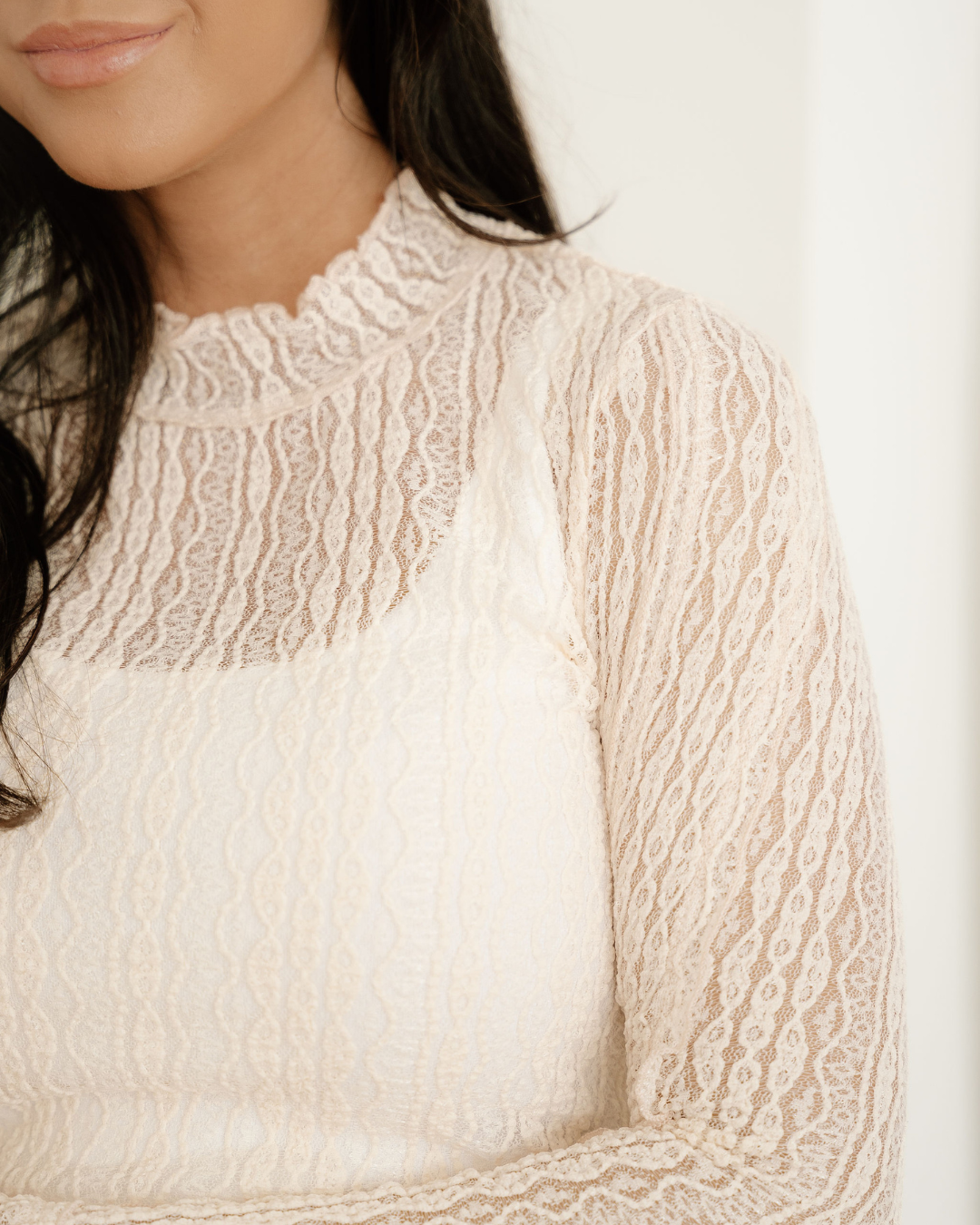 Indie & Co. Molly Long Sleeve Mock Neck Sheer Lace Top - Apricot view 6 - Molly Long Best Choreography