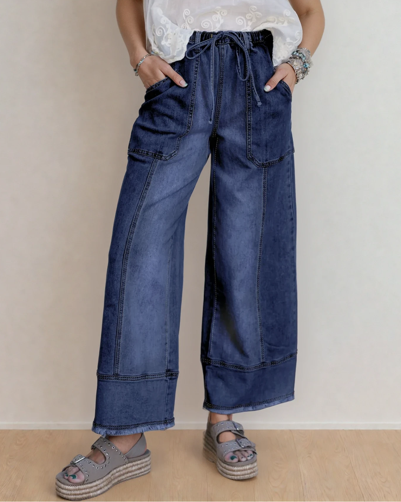 Indie & Co. Preorder Beau Blue Drawstring Seam Detail Raw Hem Wide Leg Jeans - Dark Wash in Prussian Blue - Dark Jeans