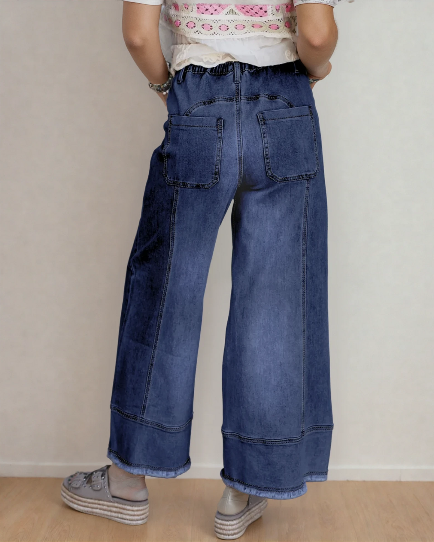 Indie & Co. Preorder Beau Blue Drawstring Seam Detail Raw Hem Wide Leg Jeans - Dark Wash in Prussian Blue view 2 - Dark Jeans