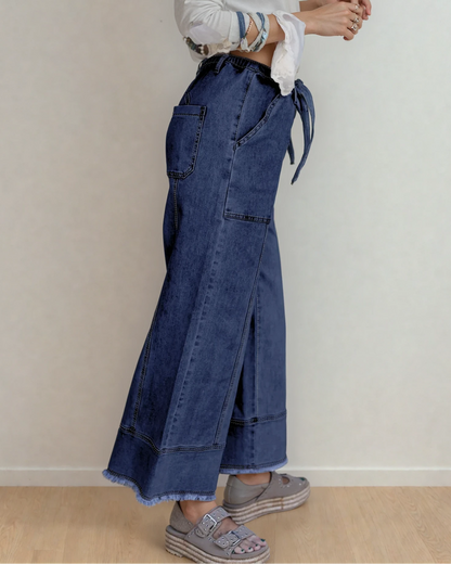 Indie & Co. Preorder Beau Blue Drawstring Seam Detail Raw Hem Wide Leg Jeans - Dark Wash in Prussian Blue view 3 - Dark Jeans