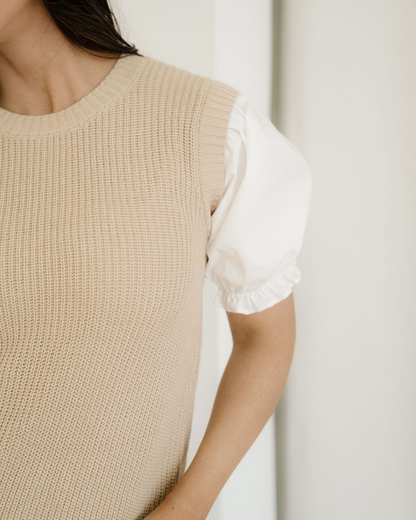 Indie & Co. Seraphina Round Neck Knit Contrast Short Sleeve Patchwork Sweater Top view 6 - Casual Office Outfit - Top Sweater