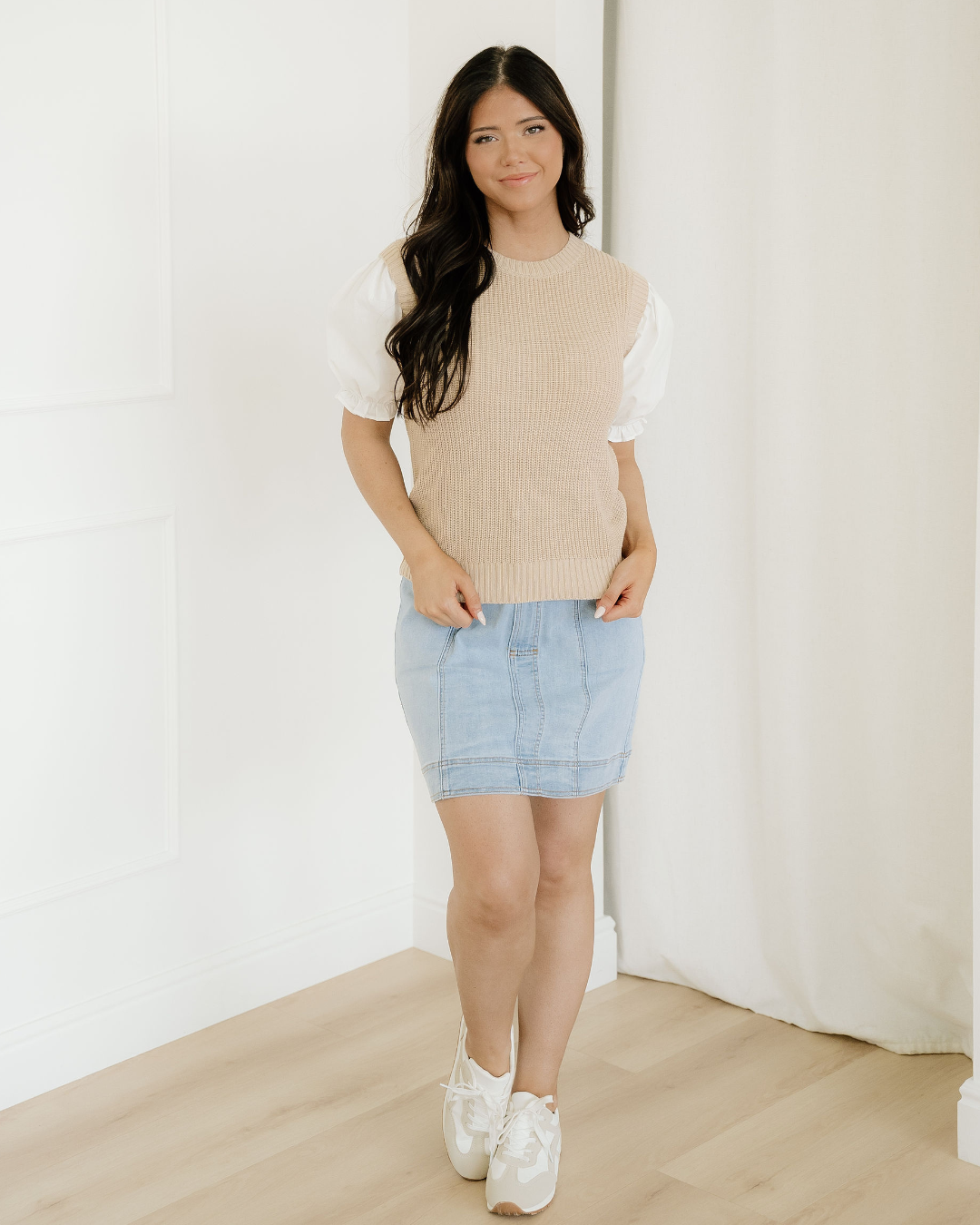 Indie & Co. Seraphina Round Neck Knit Contrast Short Sleeve Patchwork Sweater Top view 7 - Casual Office Outfit - Top Sweater