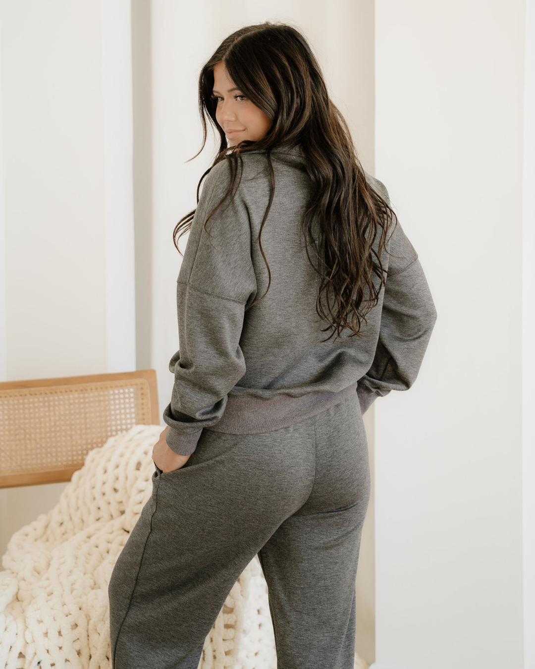 Indie & Co. Sylvie Collared V Neck Pullover Sweatshirt Sweatpants Set in Medium Grey view 4 - Set Pullover (top)