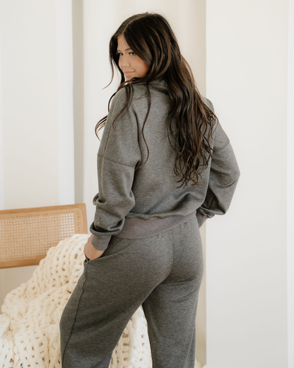Indie & Co. Sylvie Collared V Neck Pullover Sweatshirt Sweatpants Set in Medium Grey view 4 - Set Pullover (top)