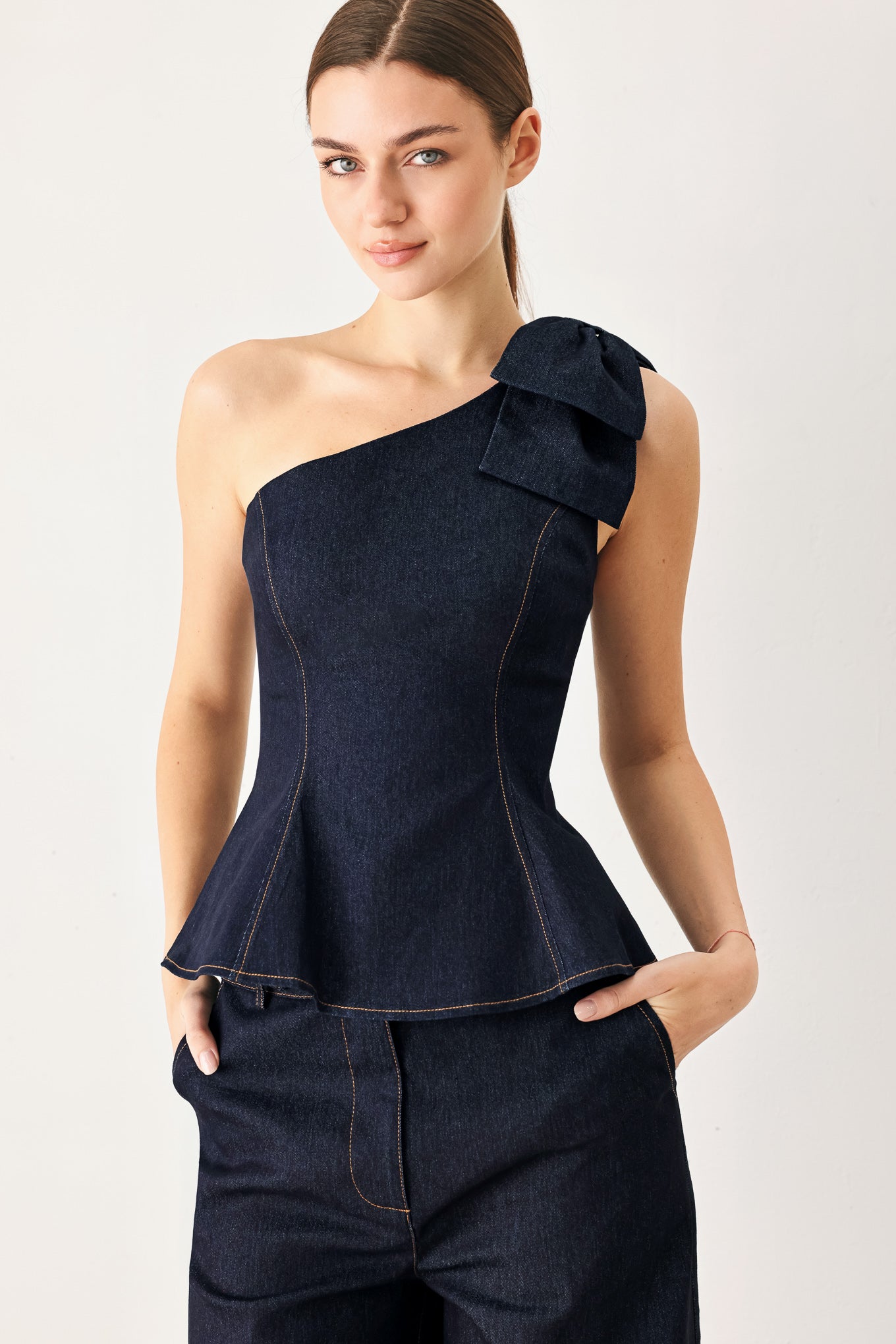 Indigo Bow One Shoulder Denim Top in DARK DENIM